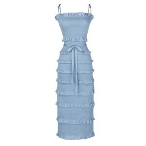 V. Chapman Lily Ruched & Ruffled Stretch Midi Dress Cashmere Blue